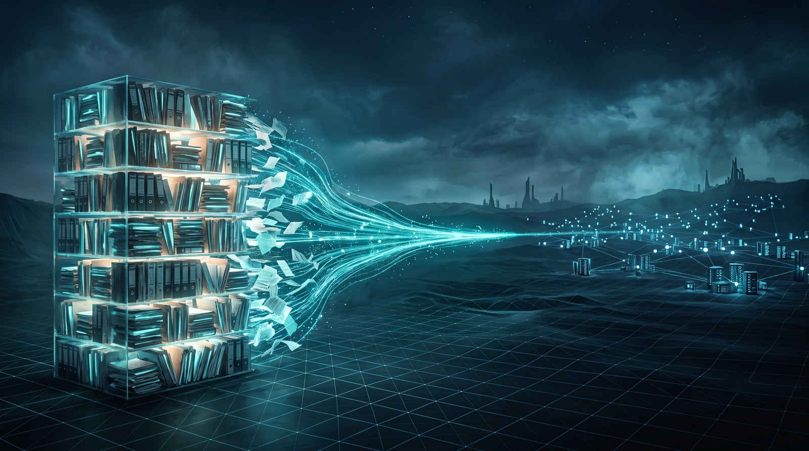 A glowing archive of enterprise files dissolving into streams of light toward a horizon of distributed storage nodes