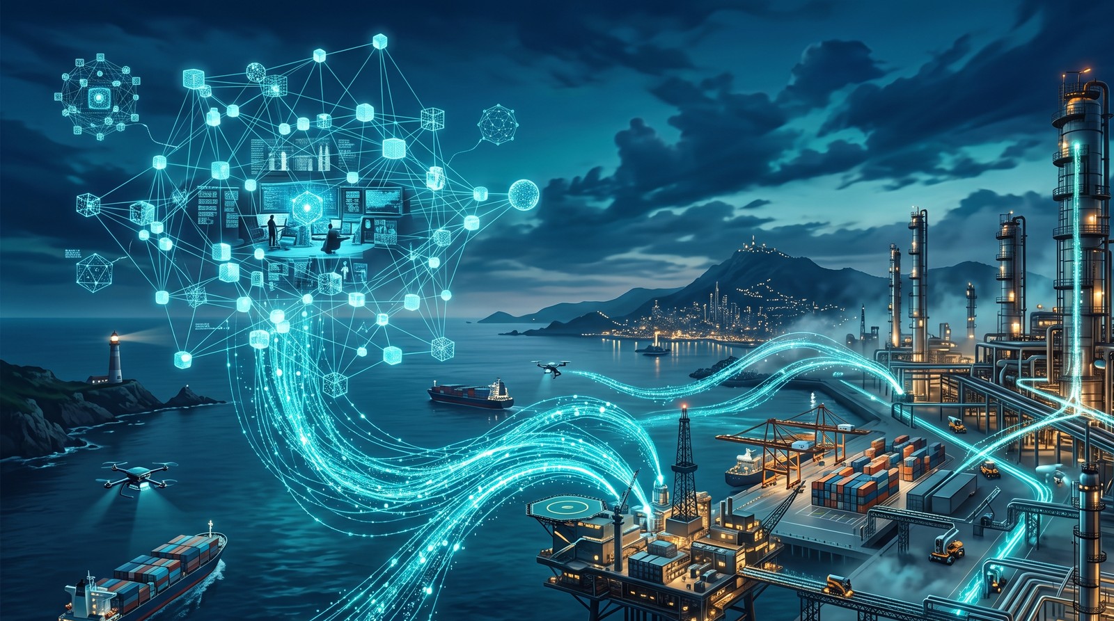 An industrial energy facility at dusk with sensor data rising as teal light streams toward a mesh of distributed nodes
