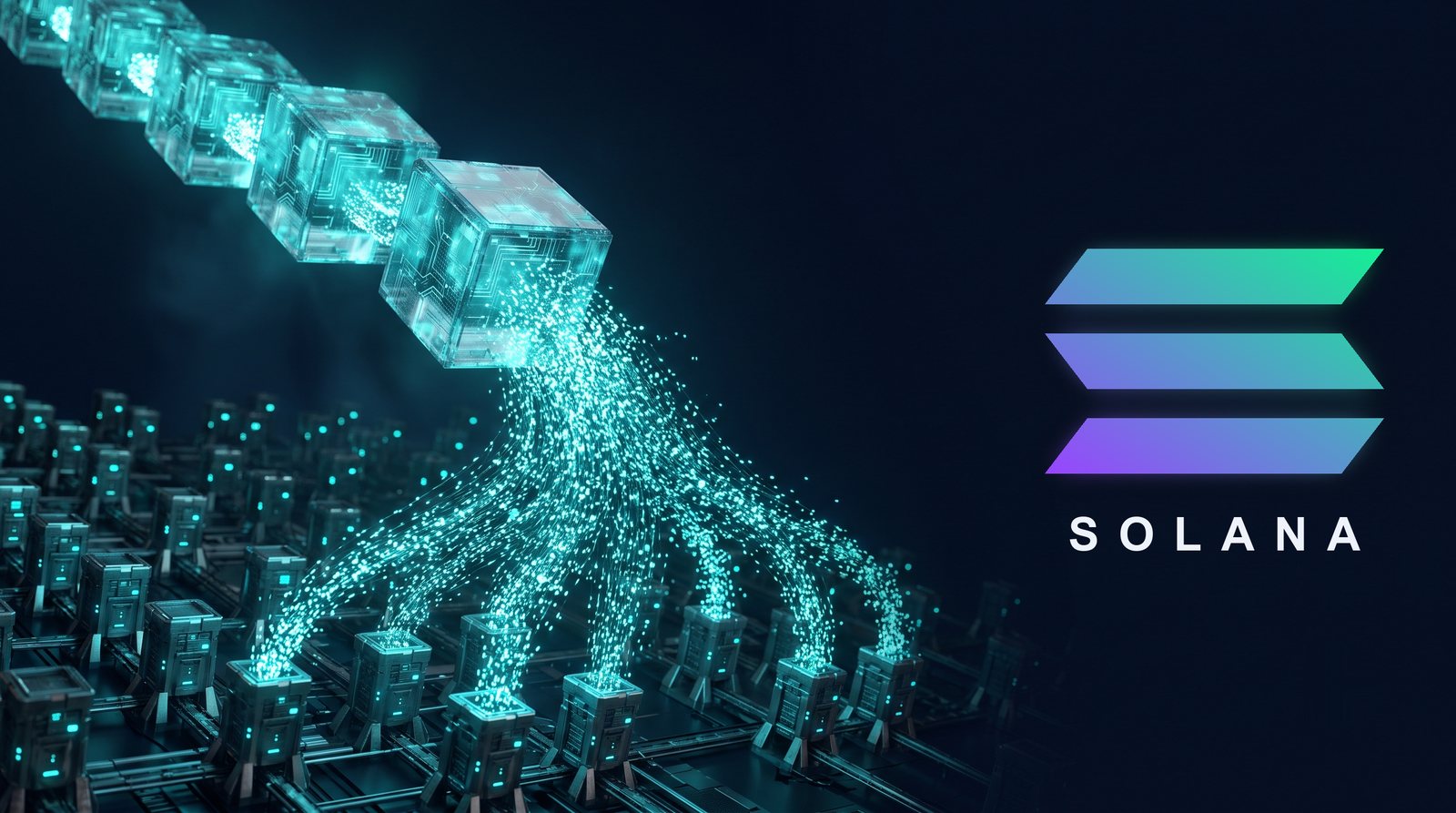 Blockchain blocks streaming data down into rows of storage nodes, with the Solana logo