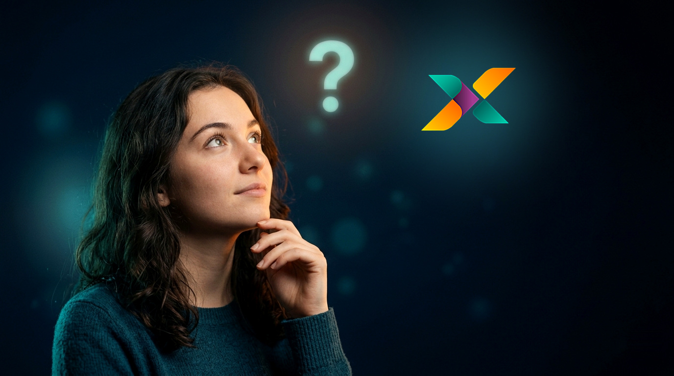 A woman looking up thoughtfully at a glowing question mark, illustrating the question: what is Xandeum?